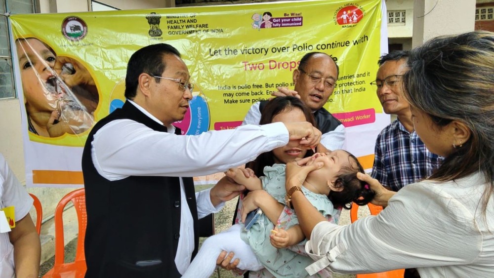 Officials administer a dose to a child during the National Immunization Day drive in Wokha on June 28. (Photo Courtesy: CMO Office Wokha)